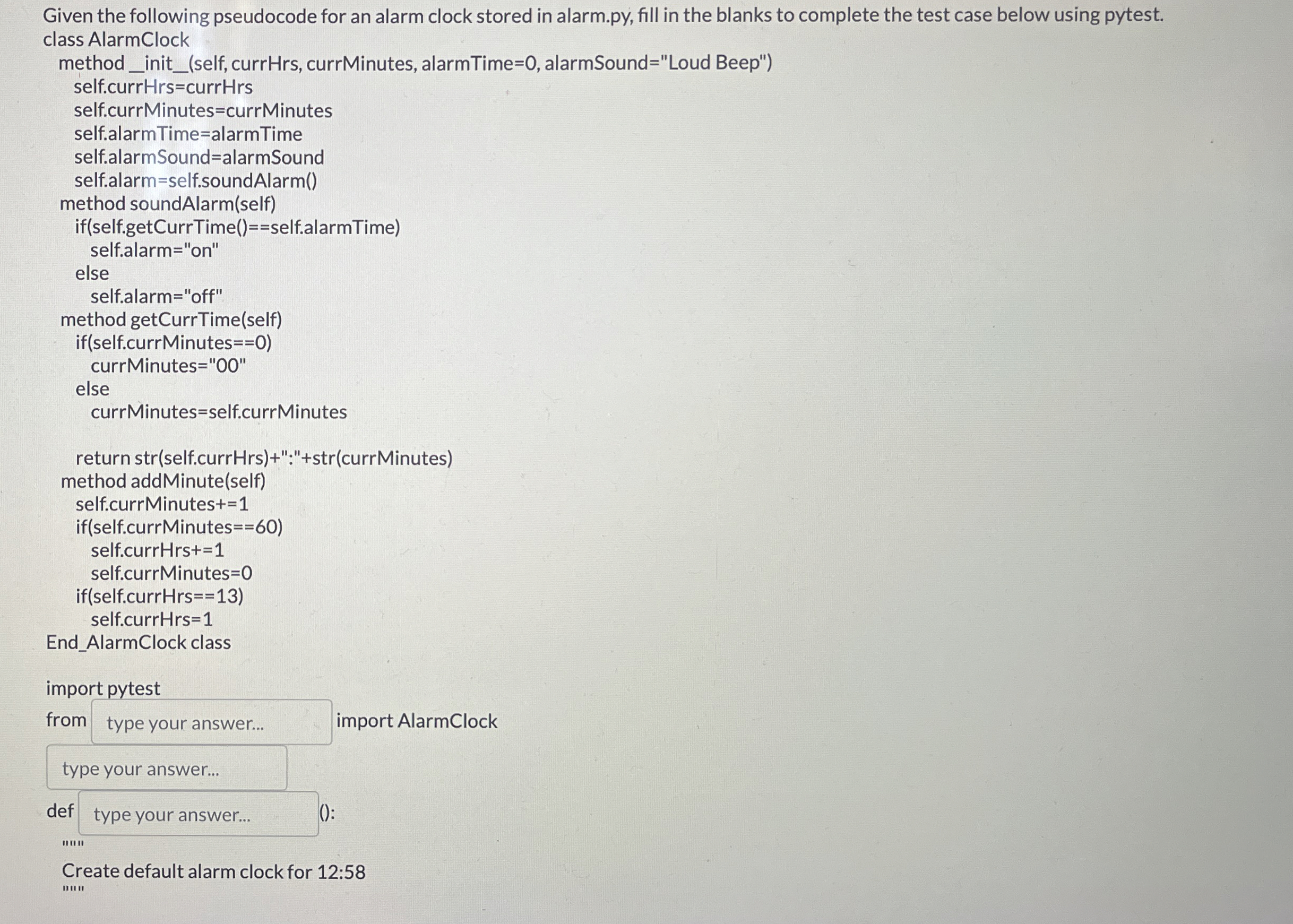 Given the following pseudocode for an alarm clock