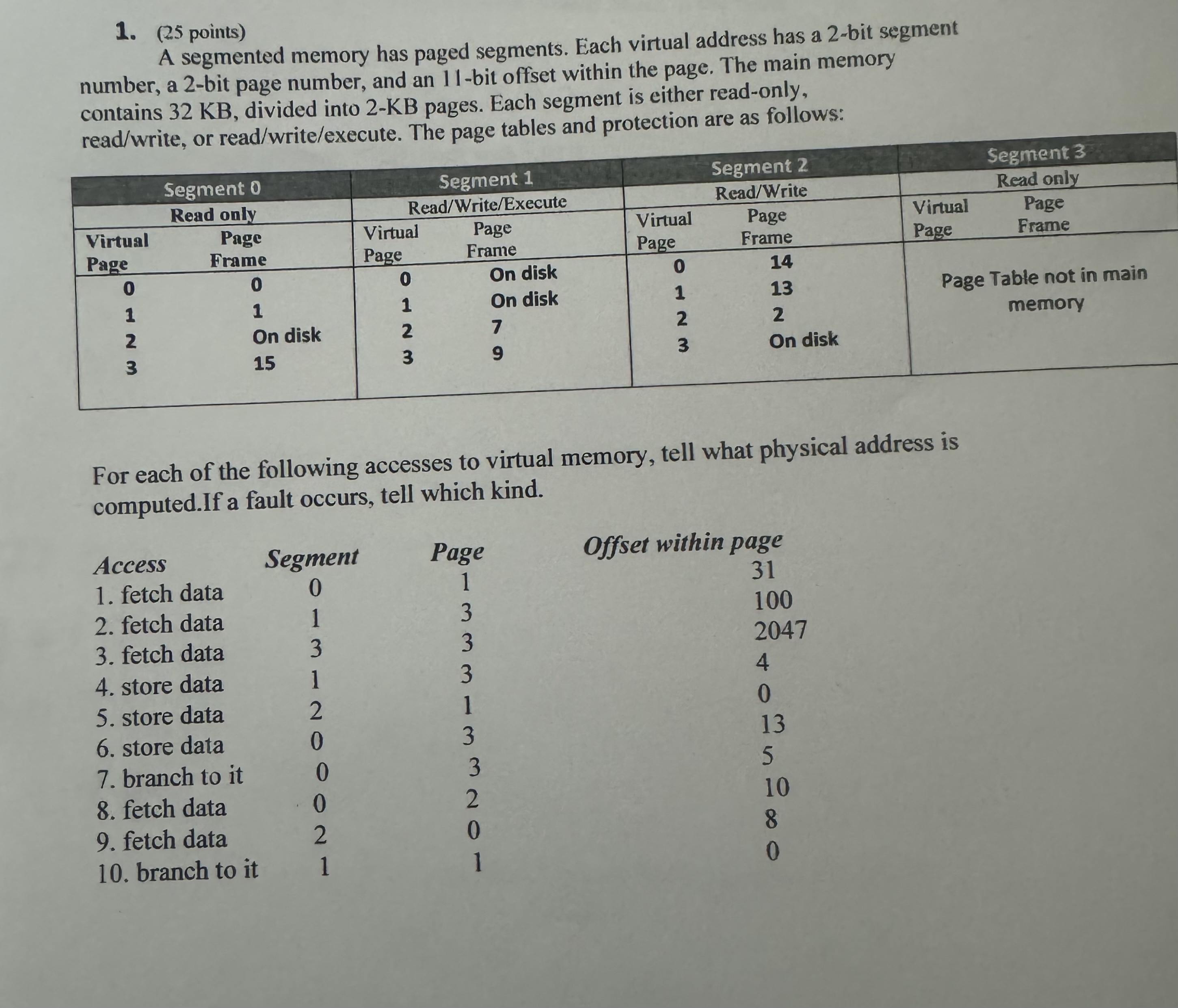 ( 2 5 points ) A segmented memory has paged