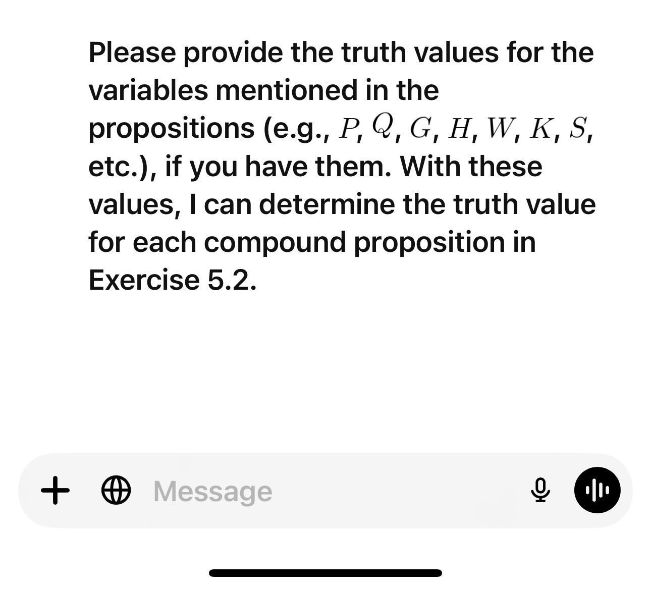 Please provide the truth values for the variables