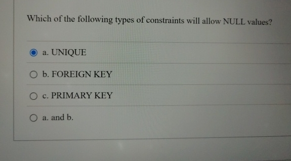 Which of the following types of constraints will
