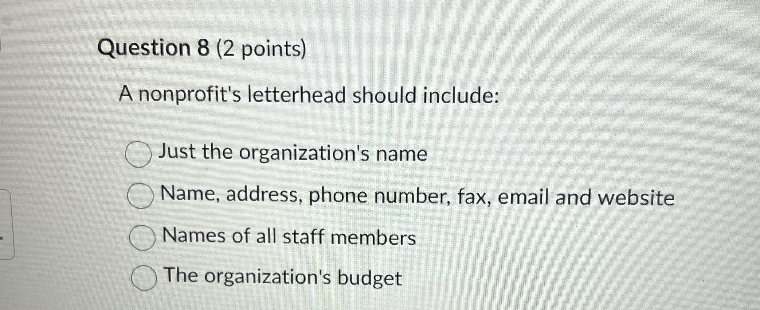 Question 8 ( 2 points ) A nonprofit's letterhead