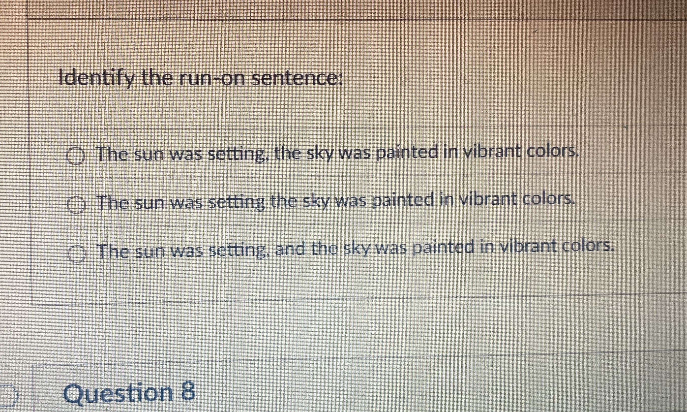 Identify the run - on sentence: The sun was
