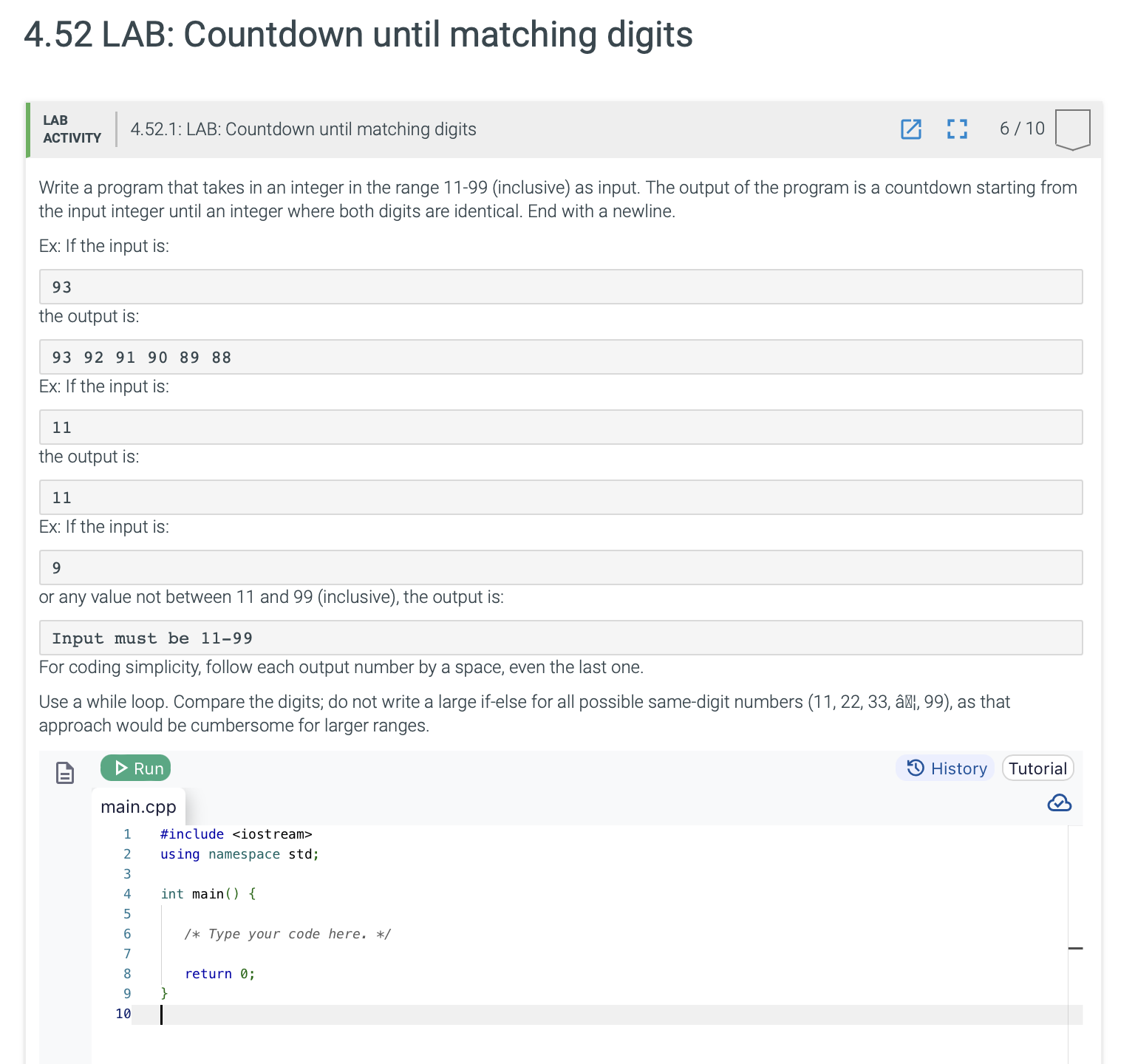In C + + Code LAB 4 . 5 2 . 1 : LAB: Countdown