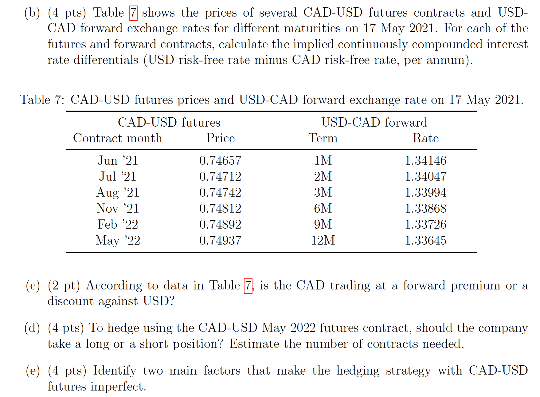 question is shown below (b) (4 pts) Table 7 shows