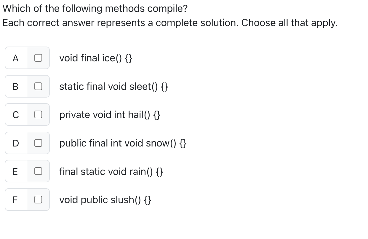 Which of the following methods compile? Each