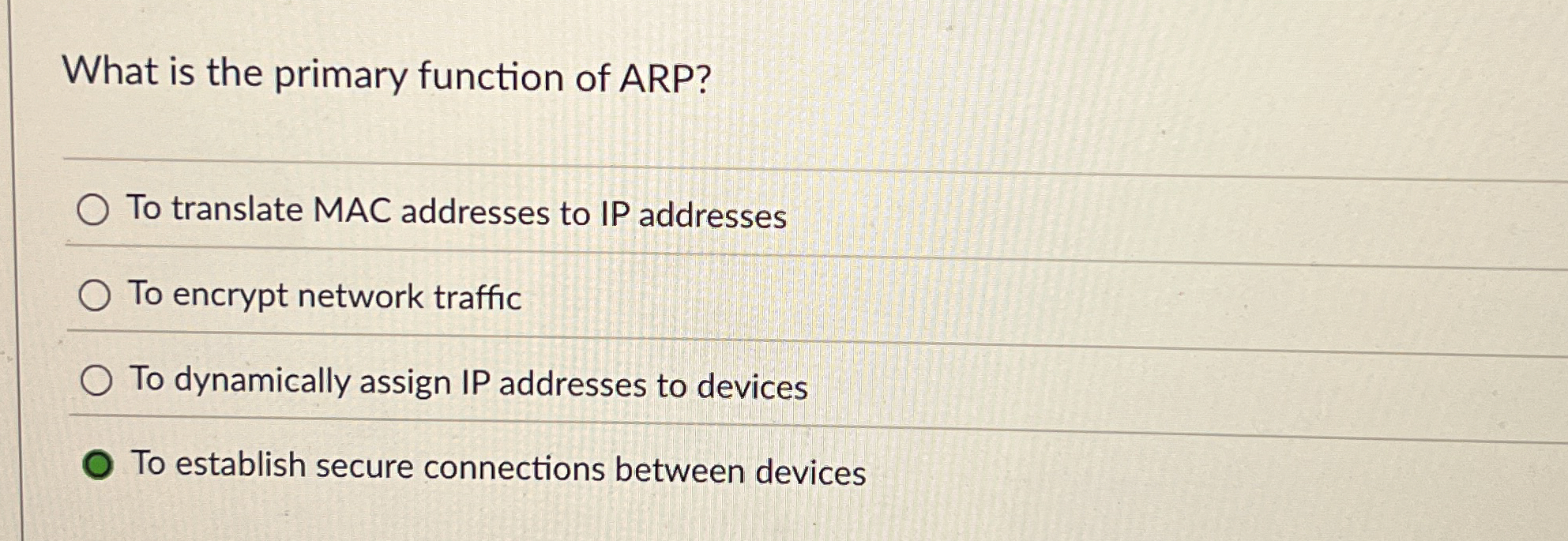 What is the primary function of ARP? To translate