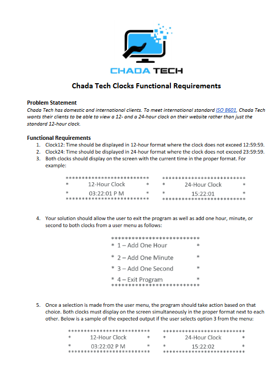 Need so Chada Tech Clocks Functional Requirements