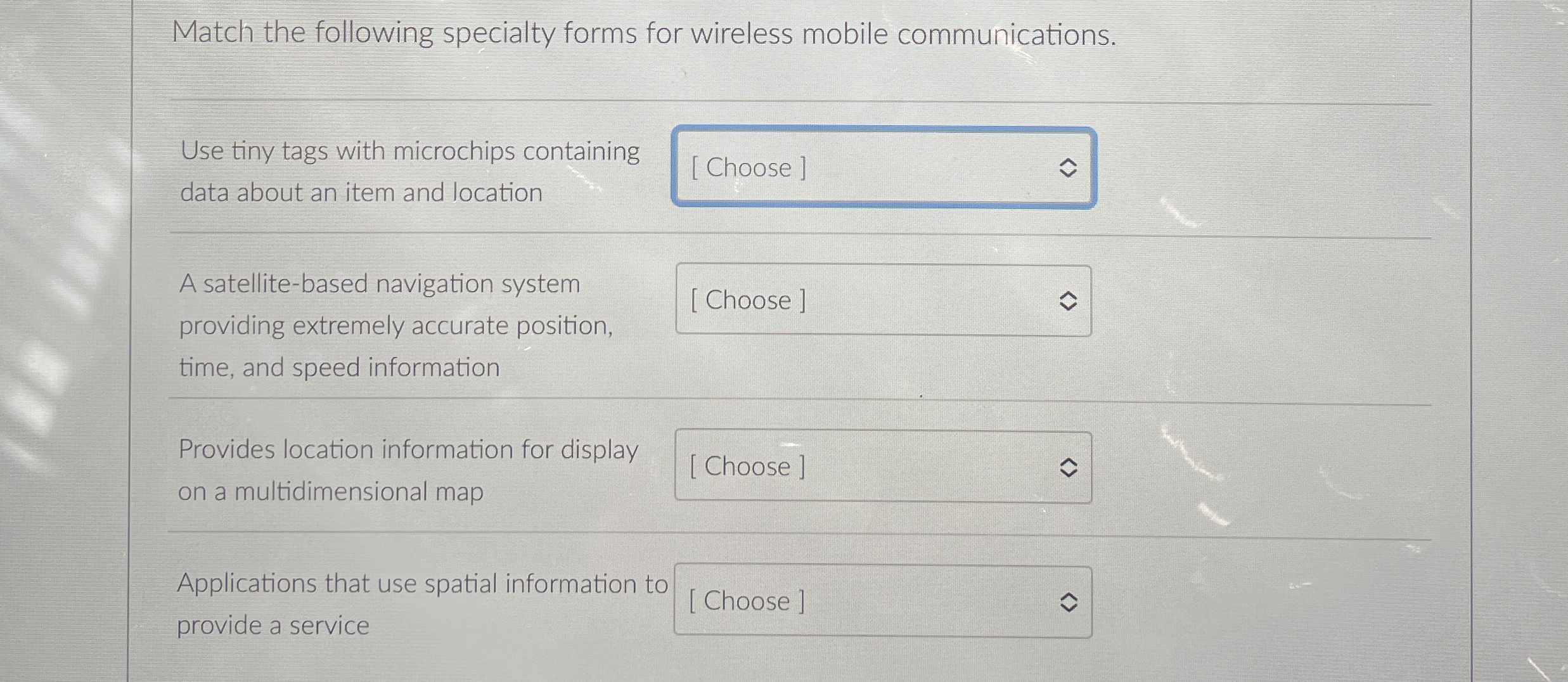 Match the following specialty forms for wireless