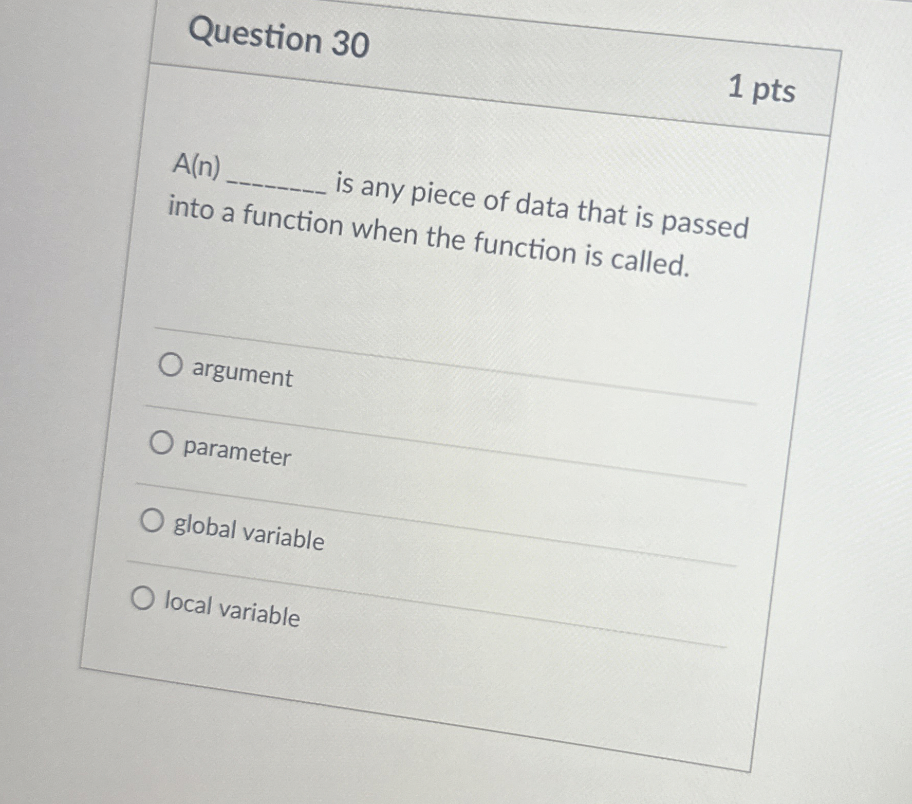Question 3 0 A ( n ) is any piece of data that is
