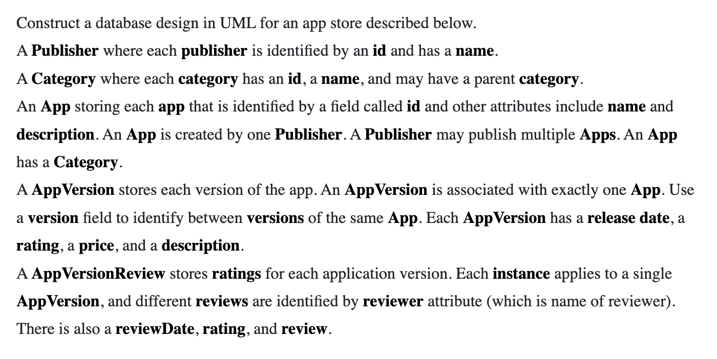 Construct a database design in UML for an app