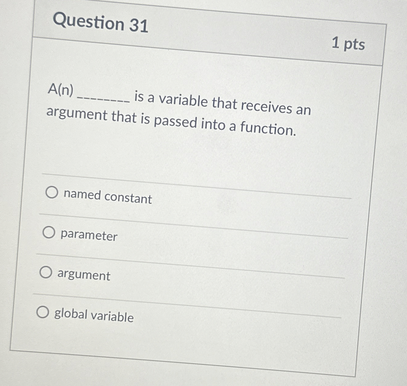 Question 3 1 A ( n ) is a variable that receives