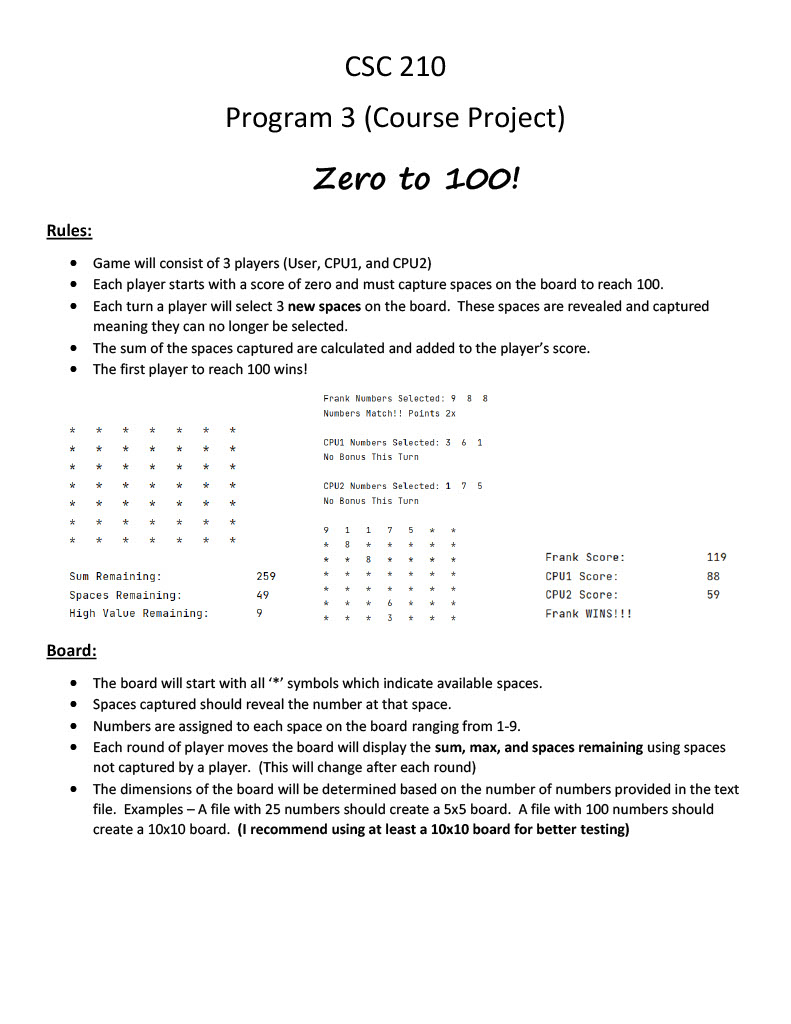 CSC 2 1 0 Program 3 ( Course Project ) Zero to 1
