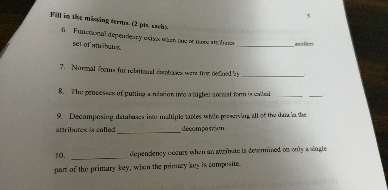 Fill in the missing terms. ( 2 pts . each ) . 3 6
