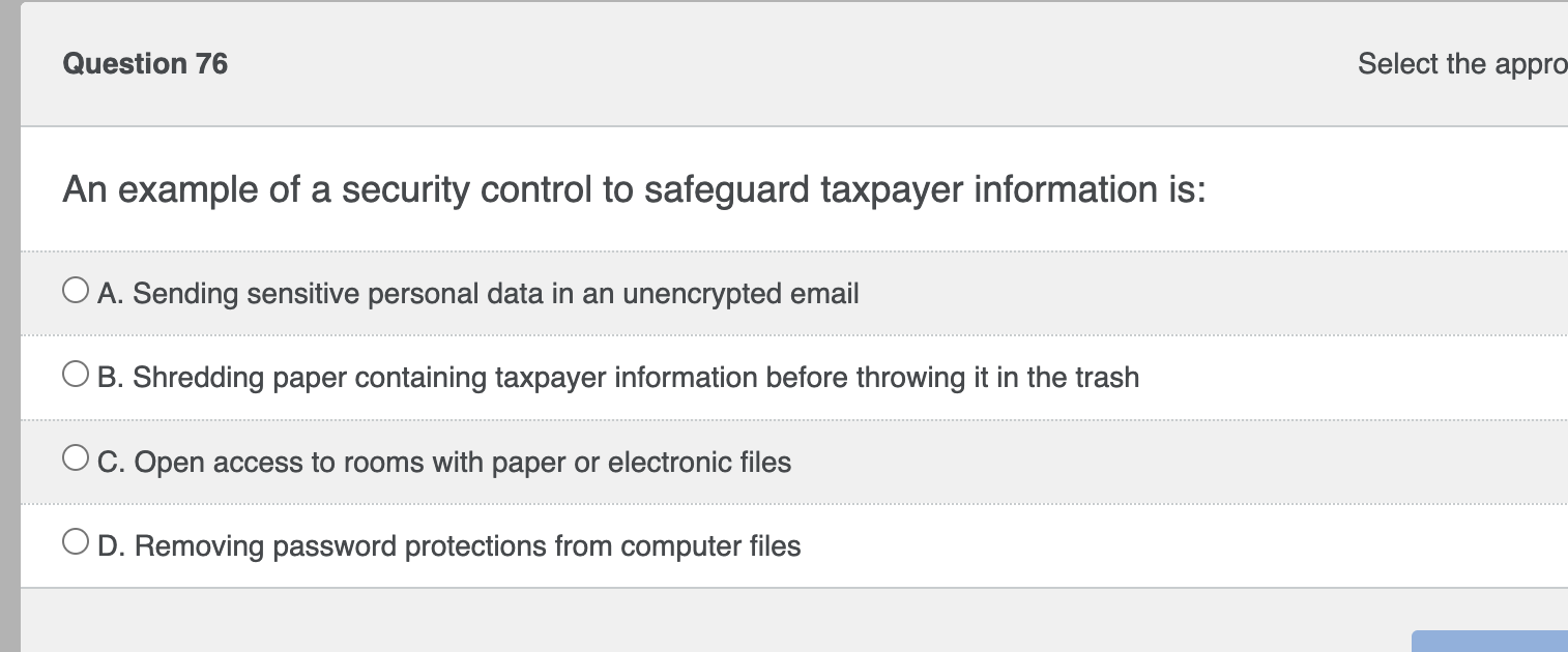 Question 7 6 An example of a security control to