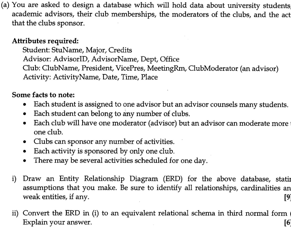 ( a ) You are asked to design a database which