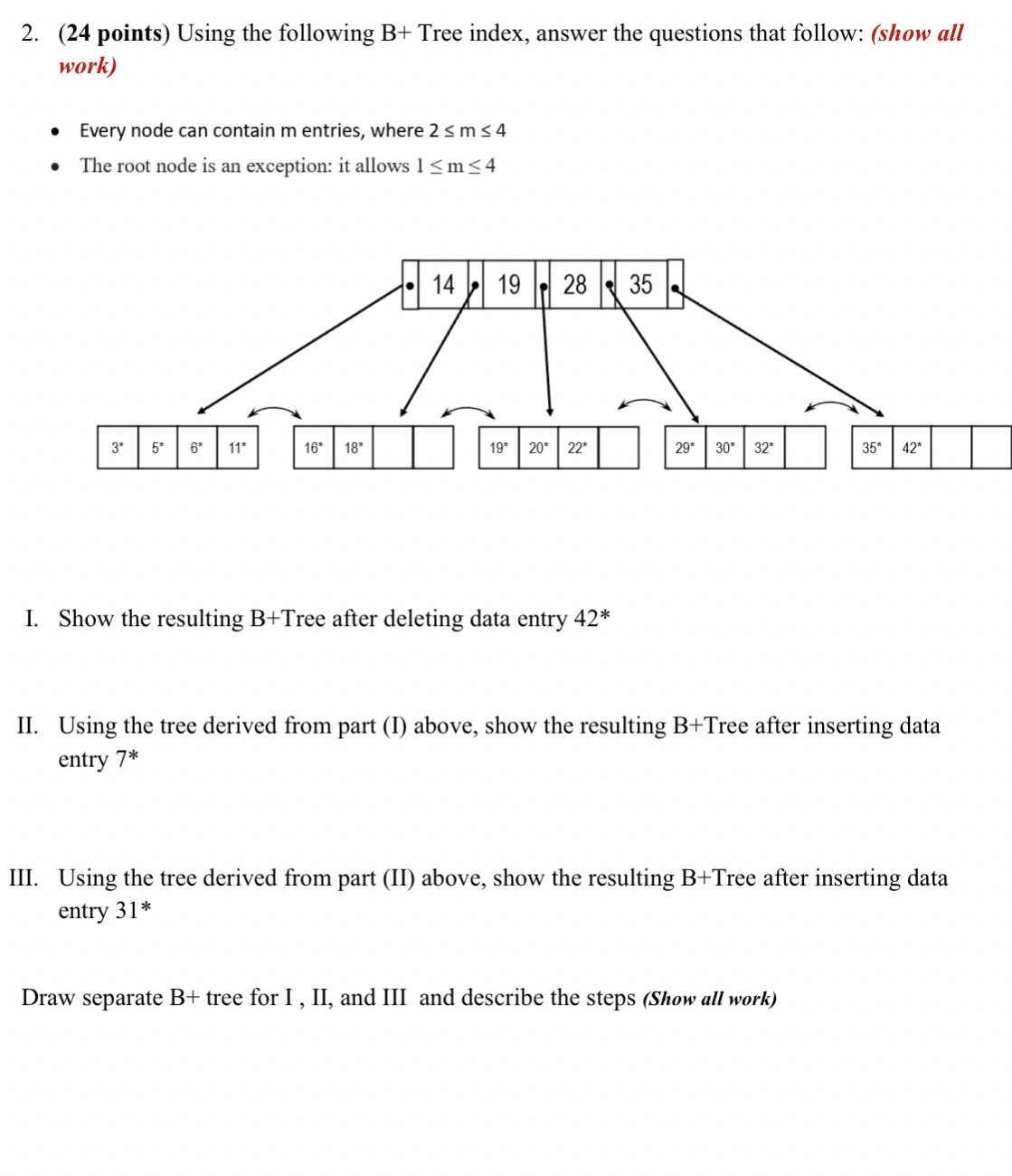 ( 2 4 points ) Using the following B + Tree