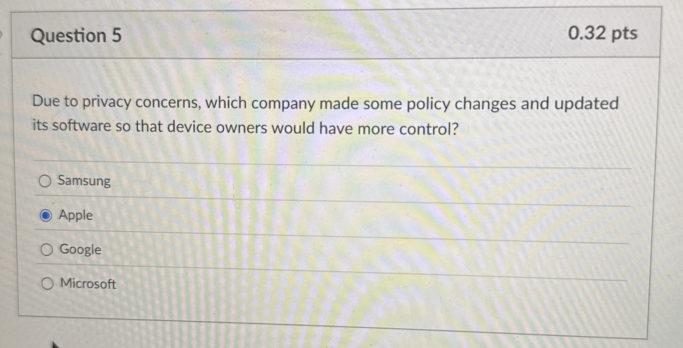 Question 5 0 . 3 2 pts Due to privacy concerns,