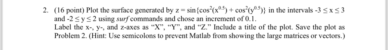 Use "function" matlab Plot the surface generated