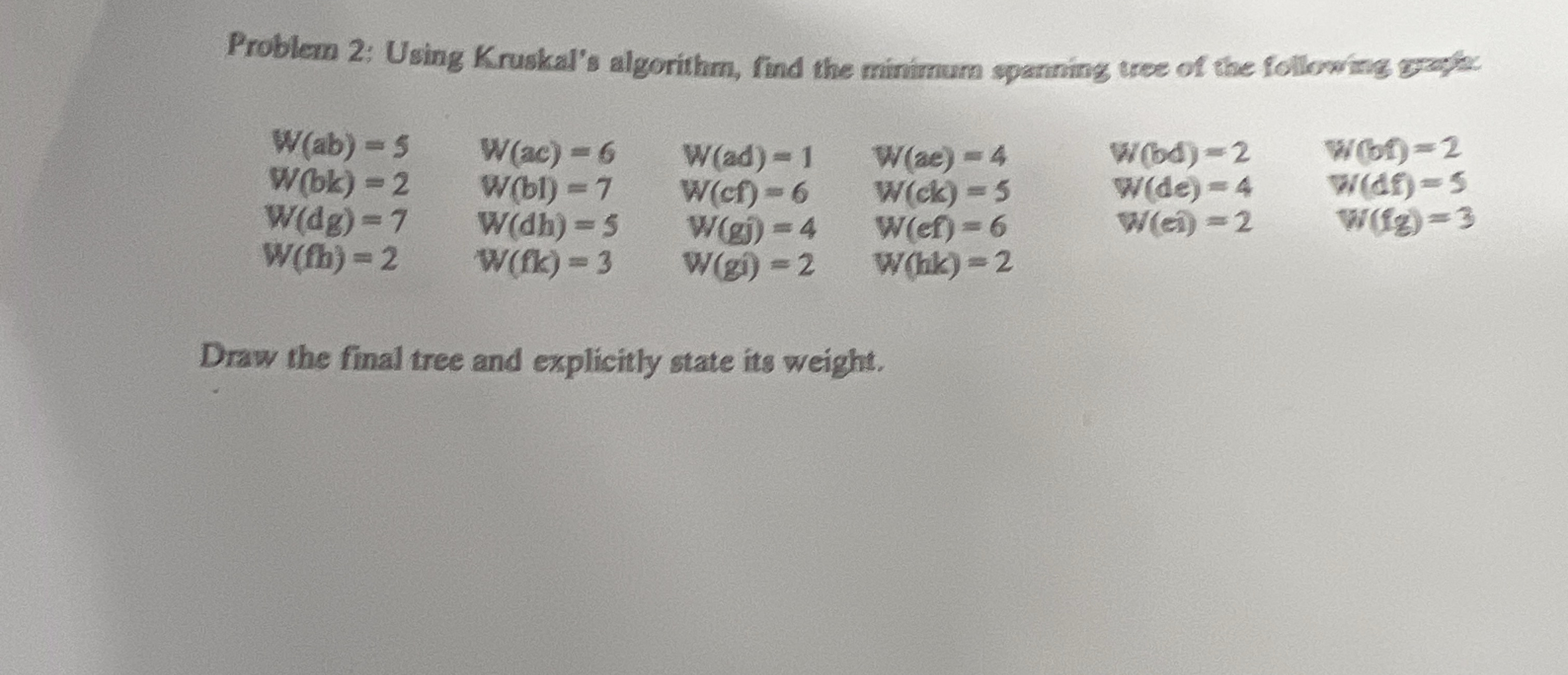 Problem 2 : Using Kruskal's algorithm, find the
