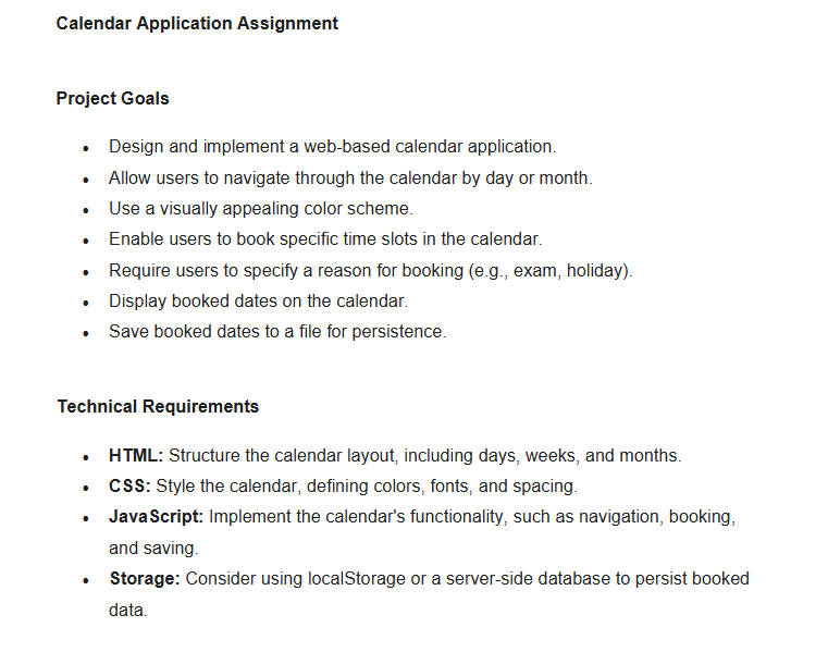 Calendar Application Assignment Project Goals -