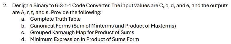 Design a Binary to 6 - 3 - 1 - 1 Code Converter.