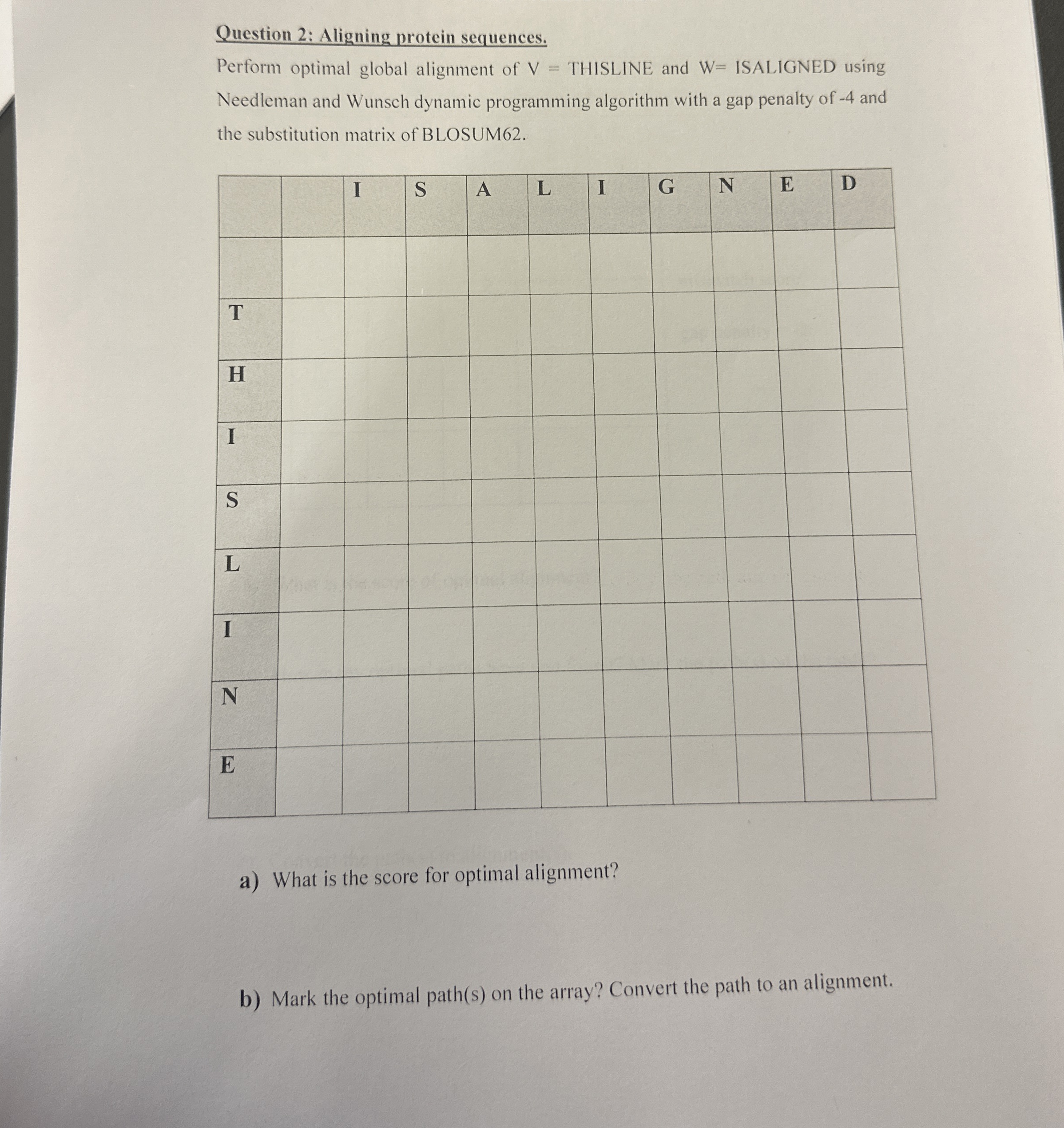 Question 2 : Aligning protein sequences. Perform