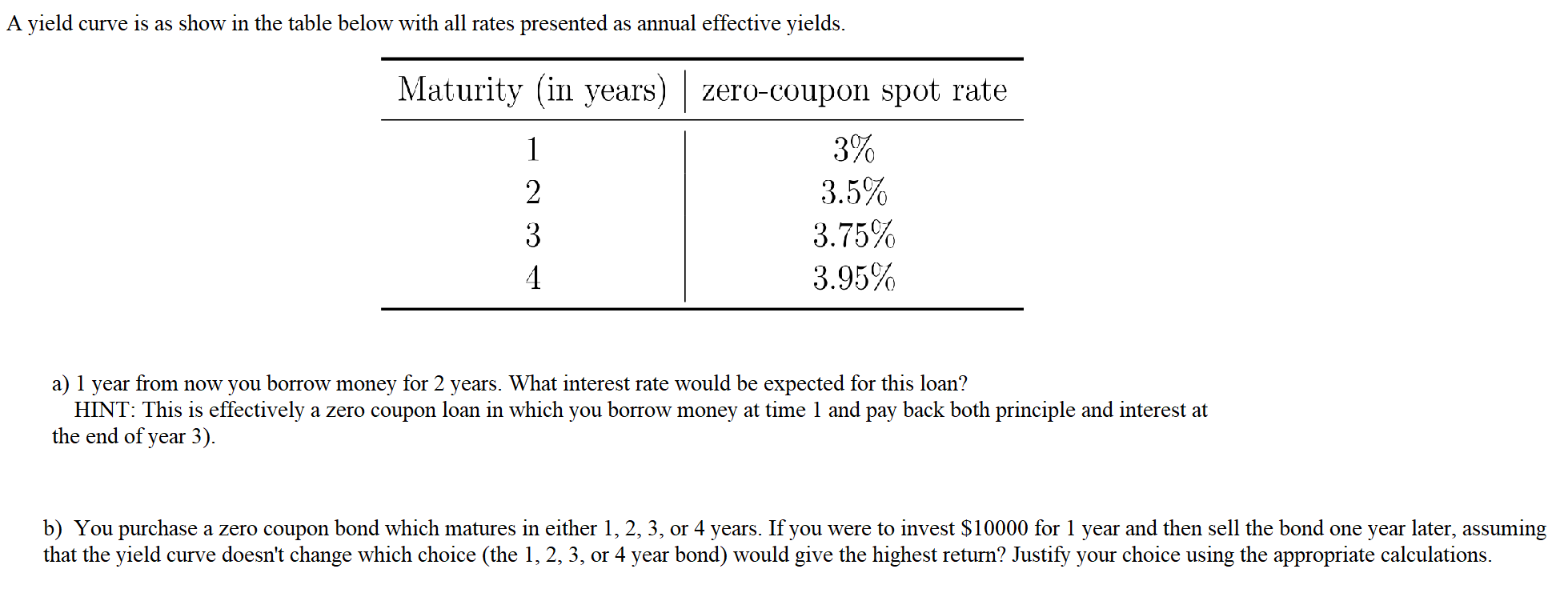 A yield curve is as show in the table below with