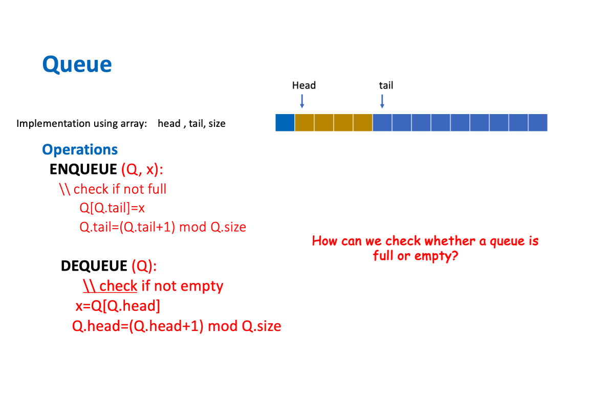 Implementation using array: head, tail, size. How