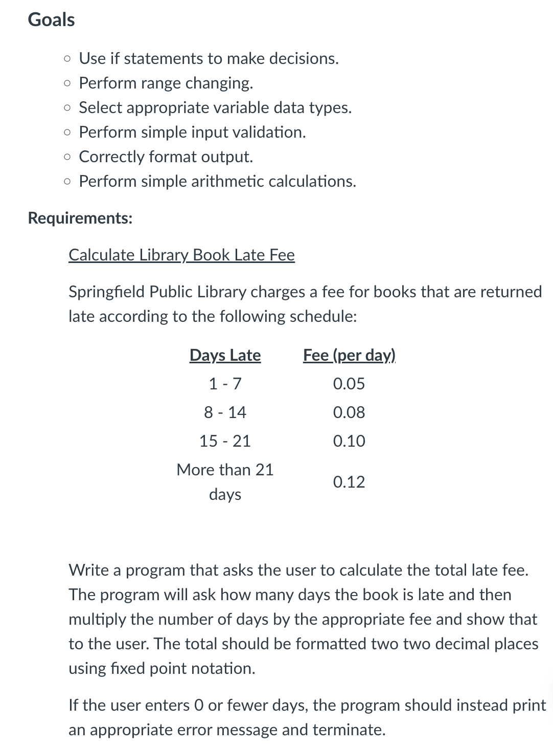 C + + Calculate Library Book Late Fee Springfield