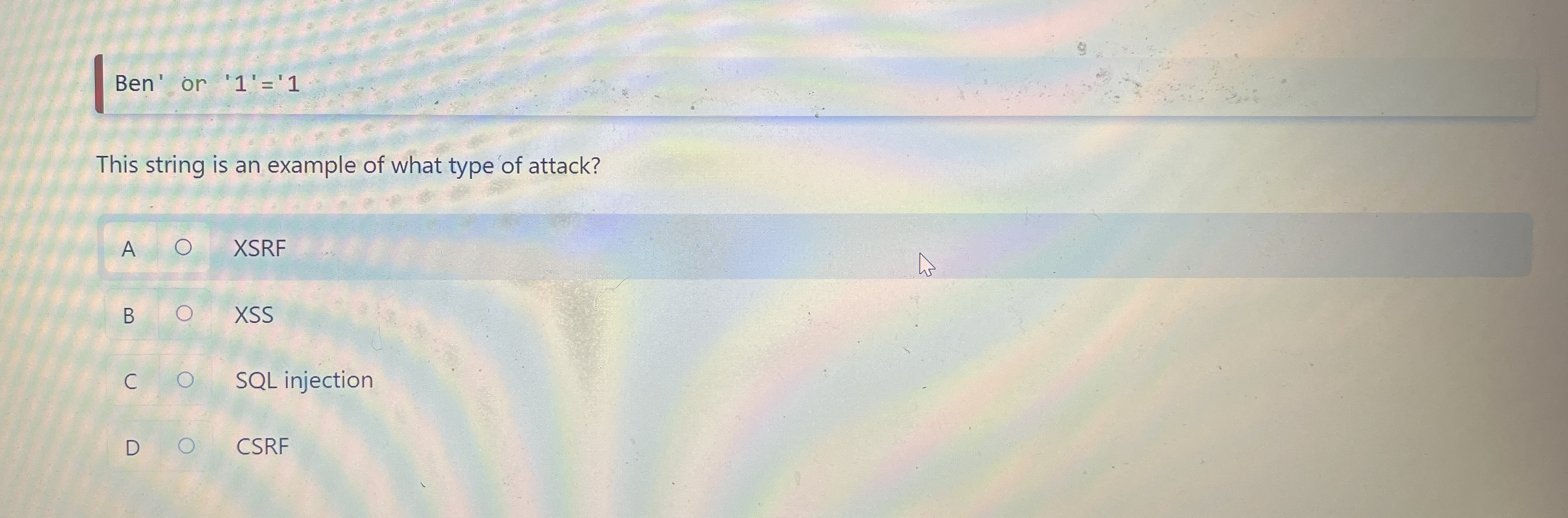 Ben' or ' 1 ' = ' 1 This string is an example of