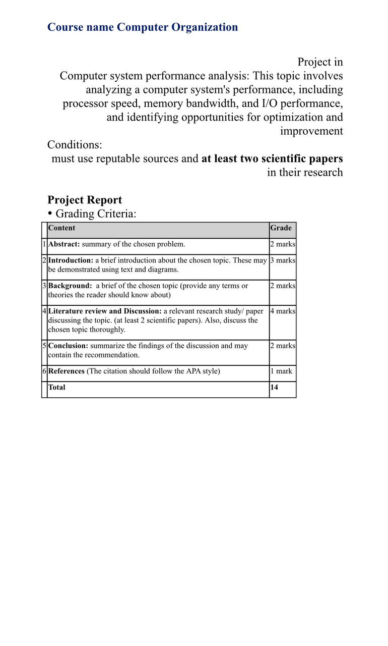 Course name Computer Organization Project in