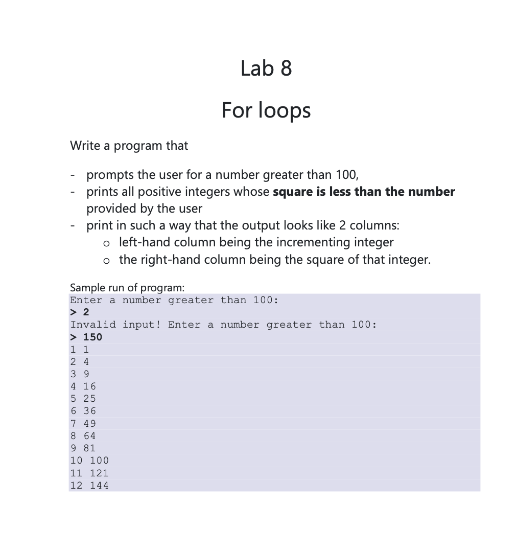 C + + Lab 8 For loops Write a program that