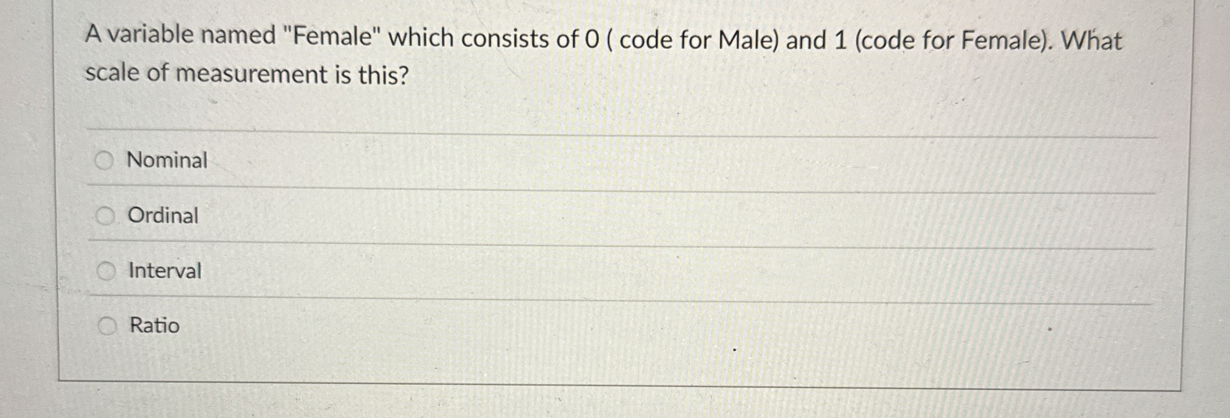 A variable named "Female" which consists of 0 (