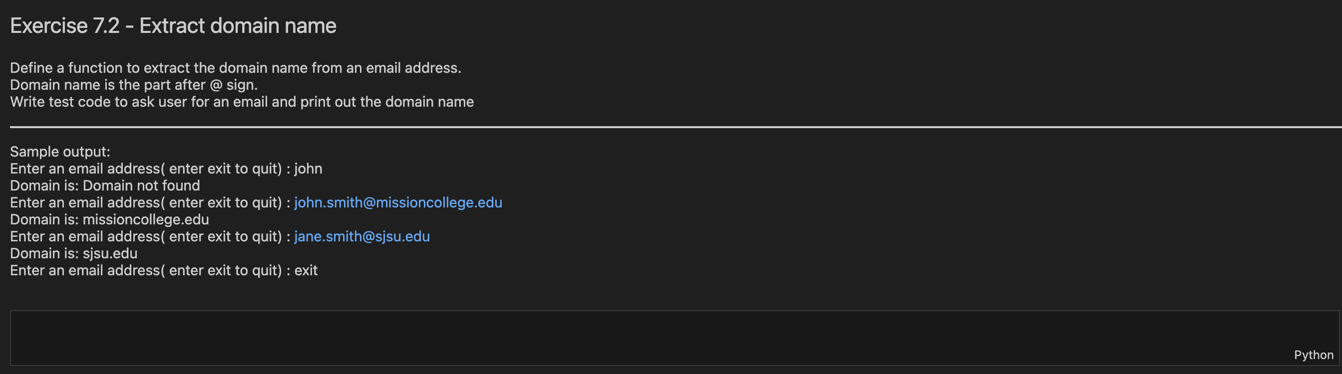 Exercise 7 . 2 - Extract domain name ( Python )