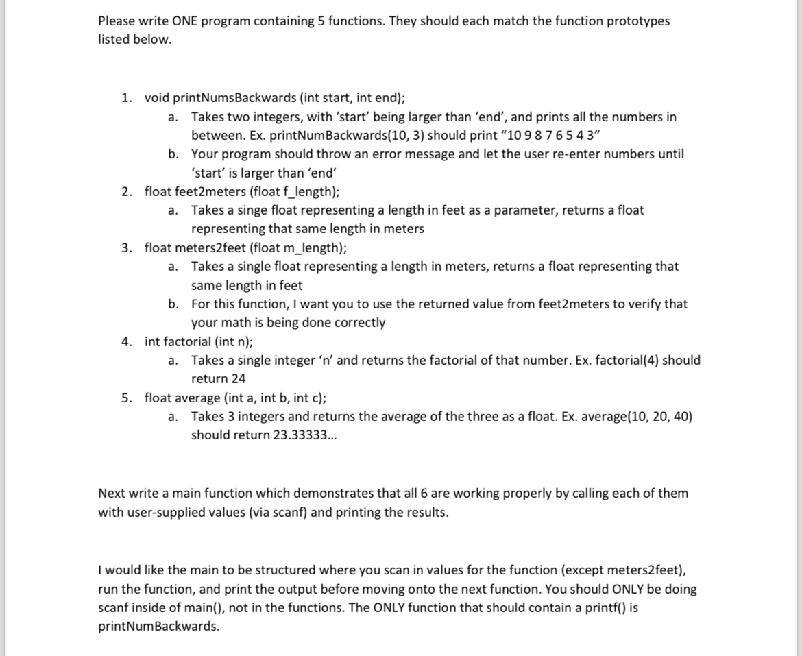 Please write ONE program containing 5 functions.