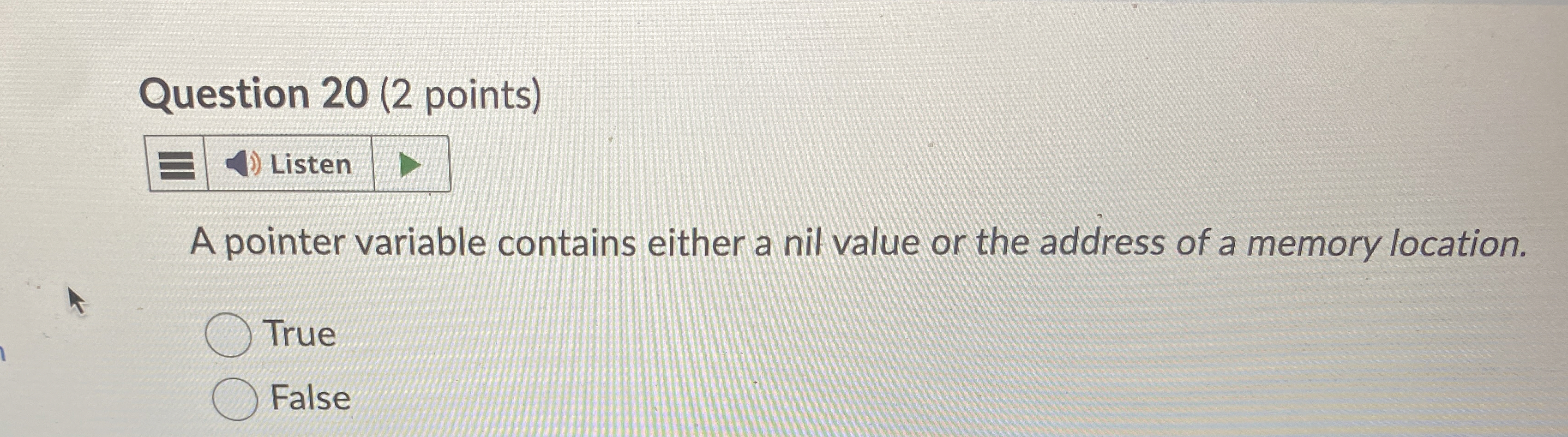 Question 2 0 ( 2 points ) Listen A pointer