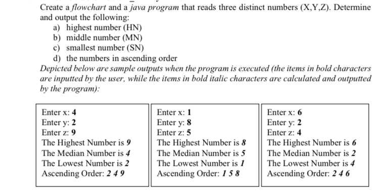 Create a flowchart that reads three distinct