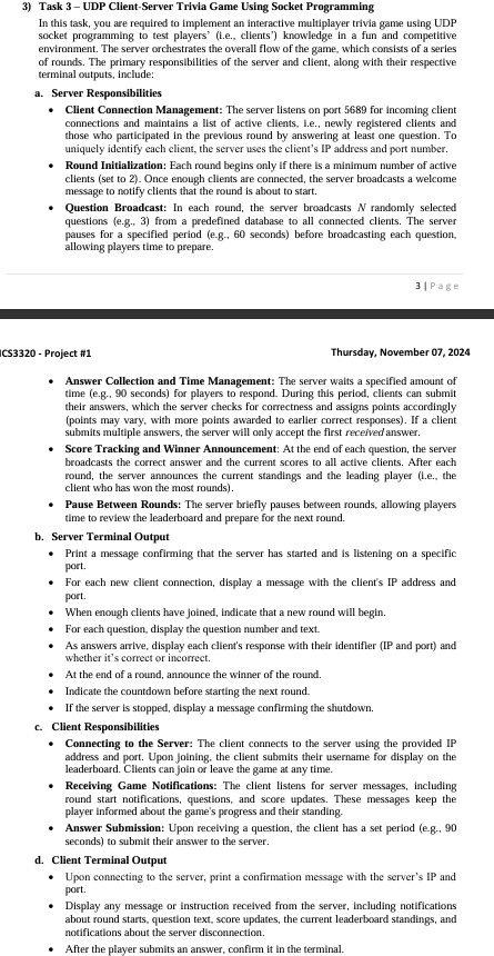 3 ) Task 3 - UDP Client - Server Trivia Game