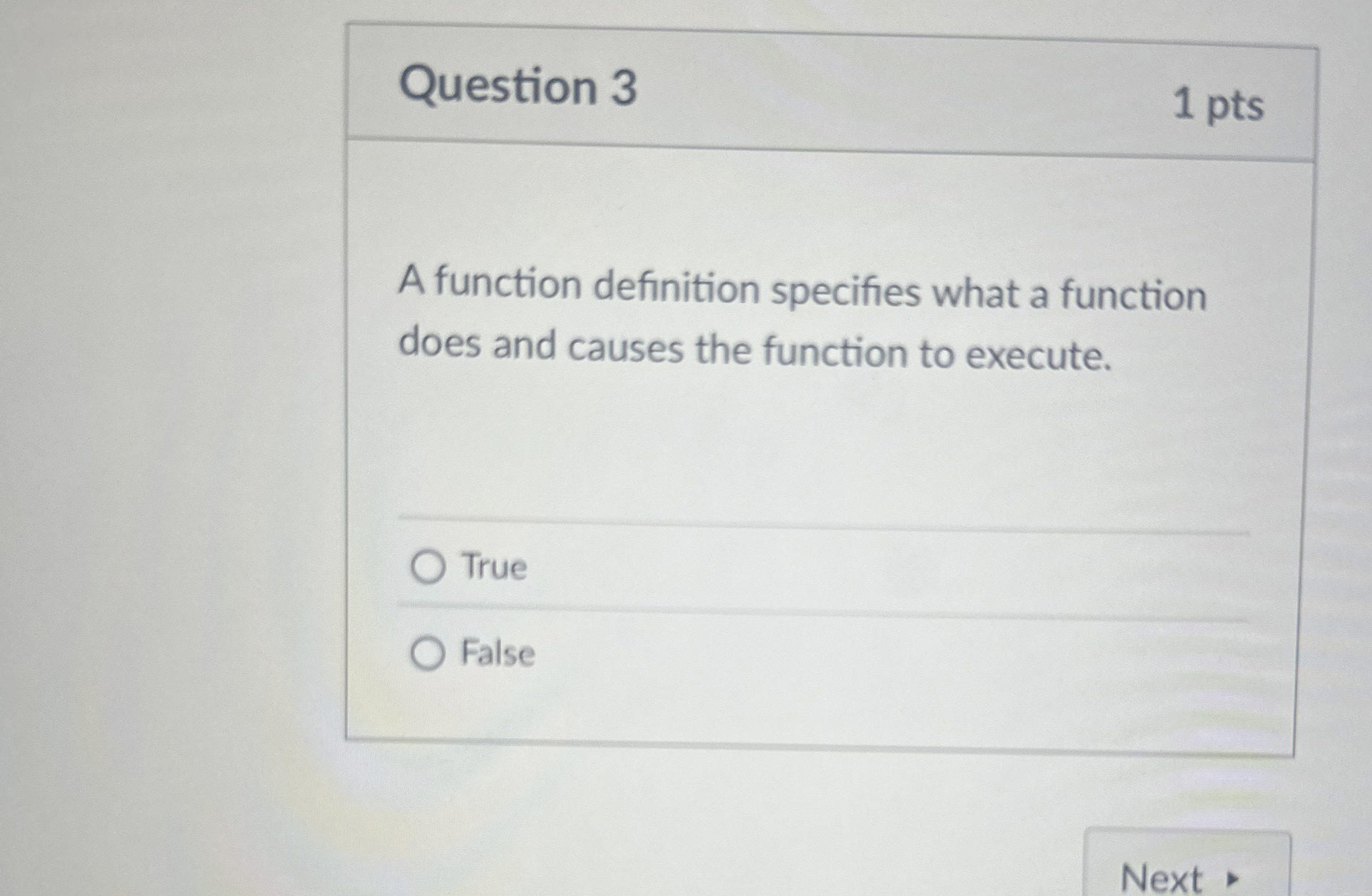 Question 3 A function definition specifies what a