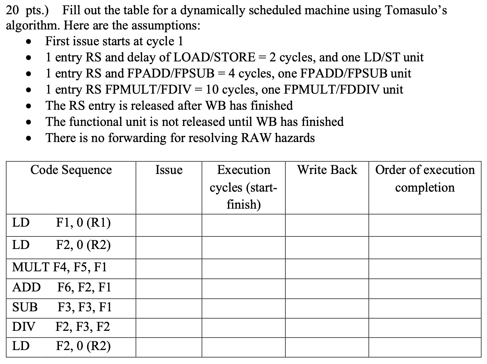 2 0 pts . ) Fill out the table for a dynamically
