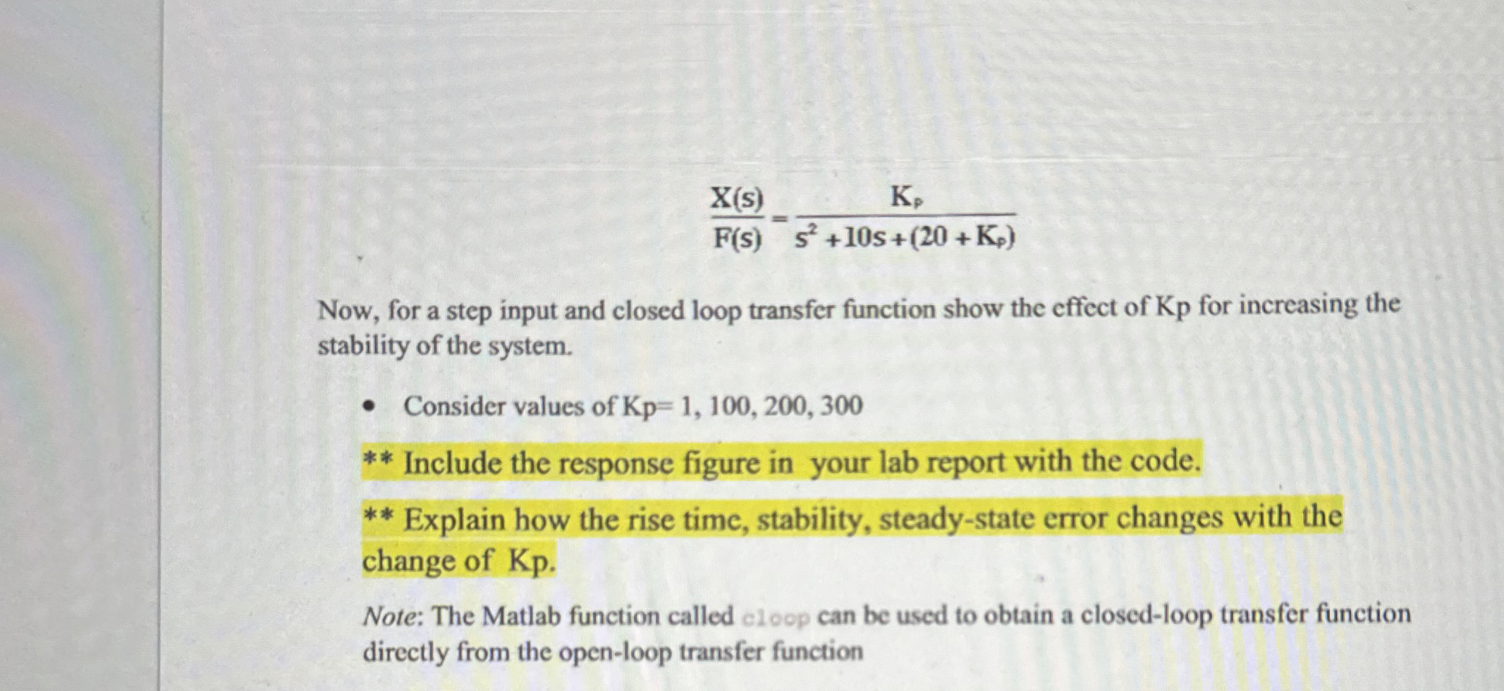 Exercise - MATLAB: Proportional control system