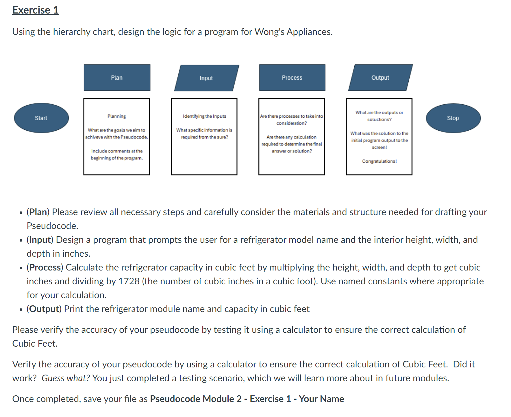 Exercise 1 Using the hierarchy chart, design the