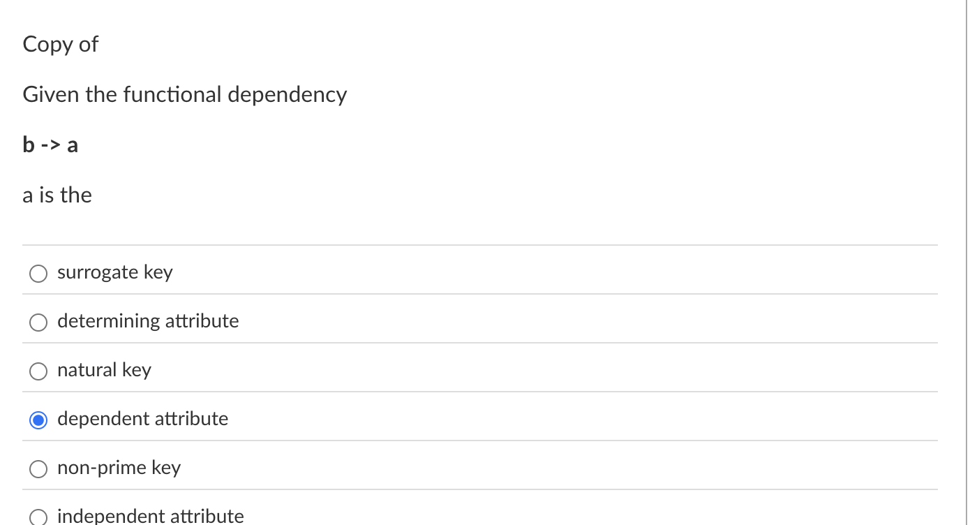 Copy of Given the functional dependency b a a is