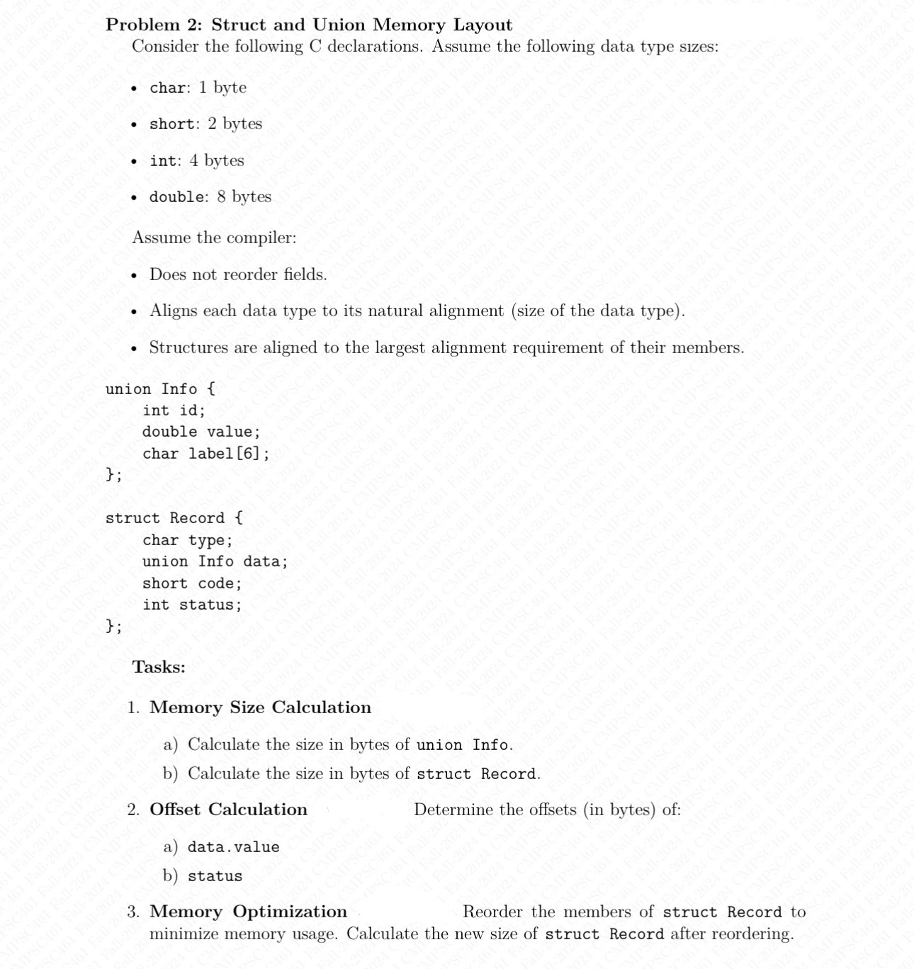 Problem 2 : Struct and Union Memory Layout