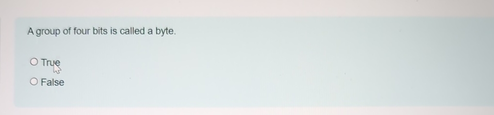 A group of four bits is called a byte. True False
