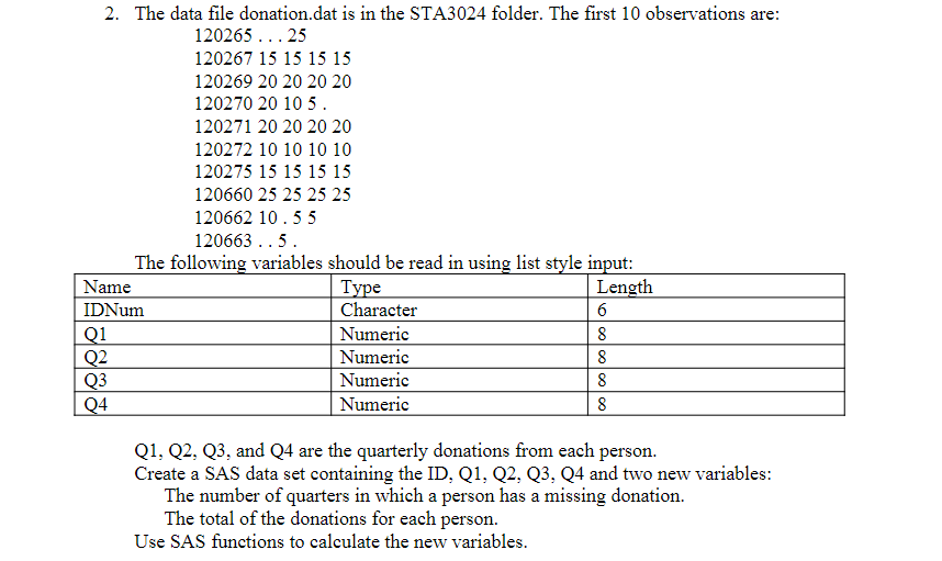 The data file donation.dat is in the STA 3 0 2 4