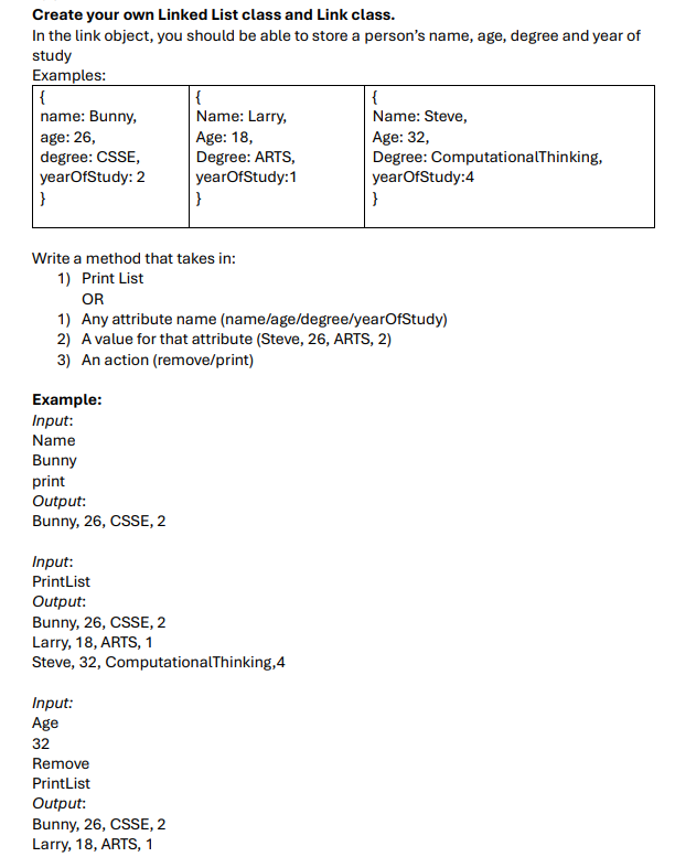 Create your own Linked List class and Link class