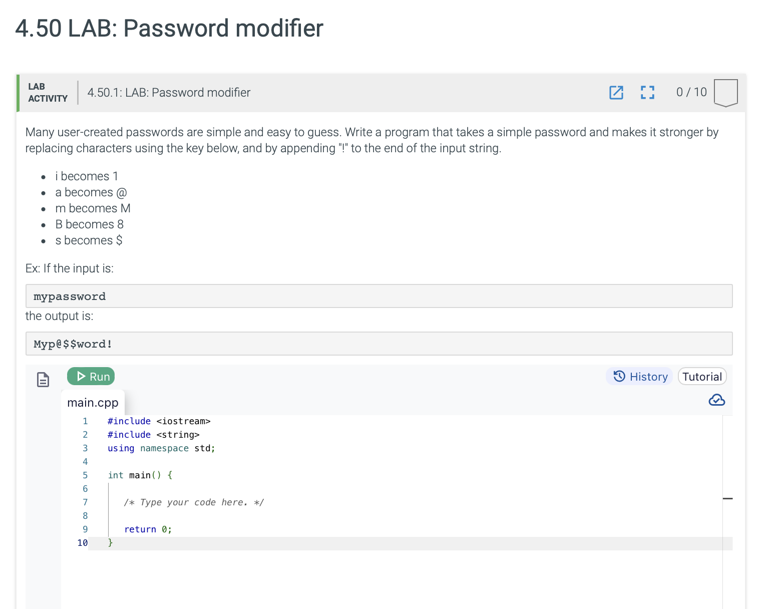 In C + + Code 4 . 5 0 . 1 : LAB: Password