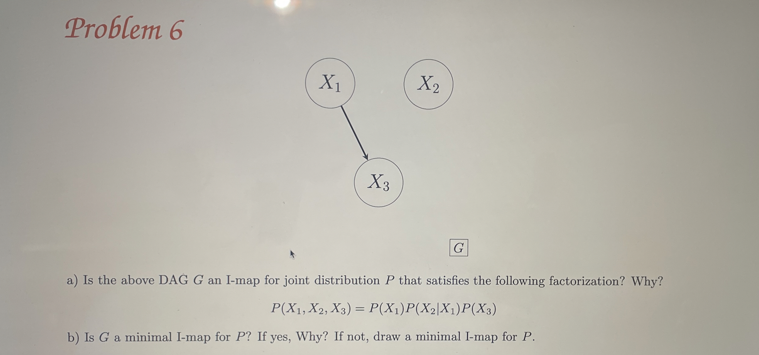 Problem 6 a ) Is the above DAG G an I - map for