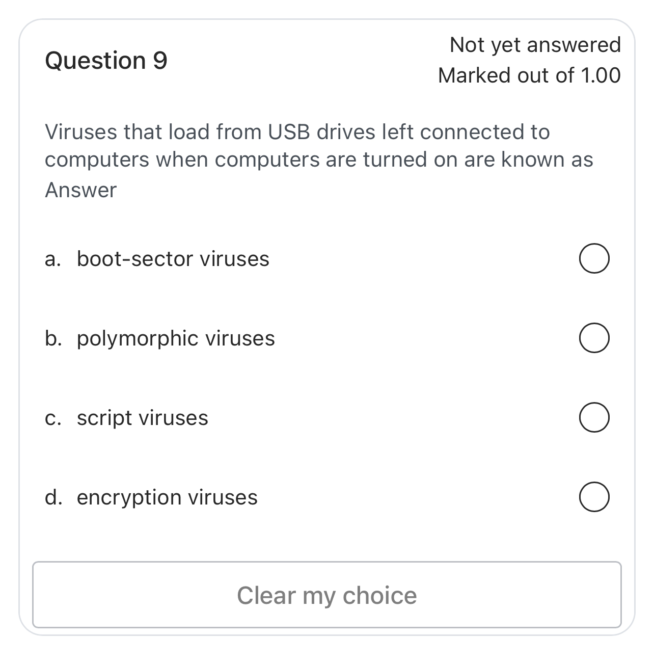 Question 9 Not yet answered Marked out of 1 . 0 0